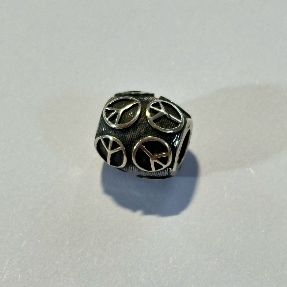 Zable Pandora Style 925 Silver Peace Sign Barrel Charm Bracelet Bead